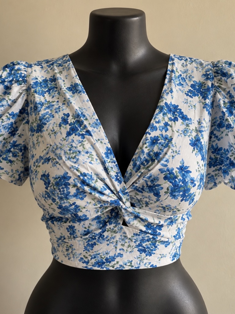 White and Blue Floral Twist-Front Crop Top